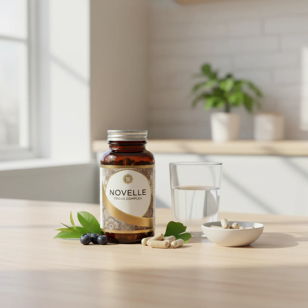 Novelle Focus Complex fles op een tafel naast een glas water, klaar voor gebruik